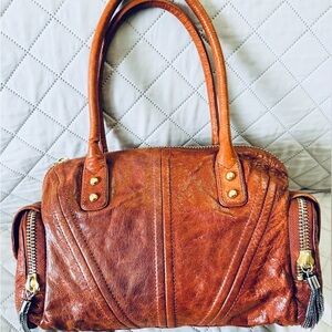 Botkier Bianca Cognac Brown Leather Pocket Satchel Handbag 2 Side Pockets New